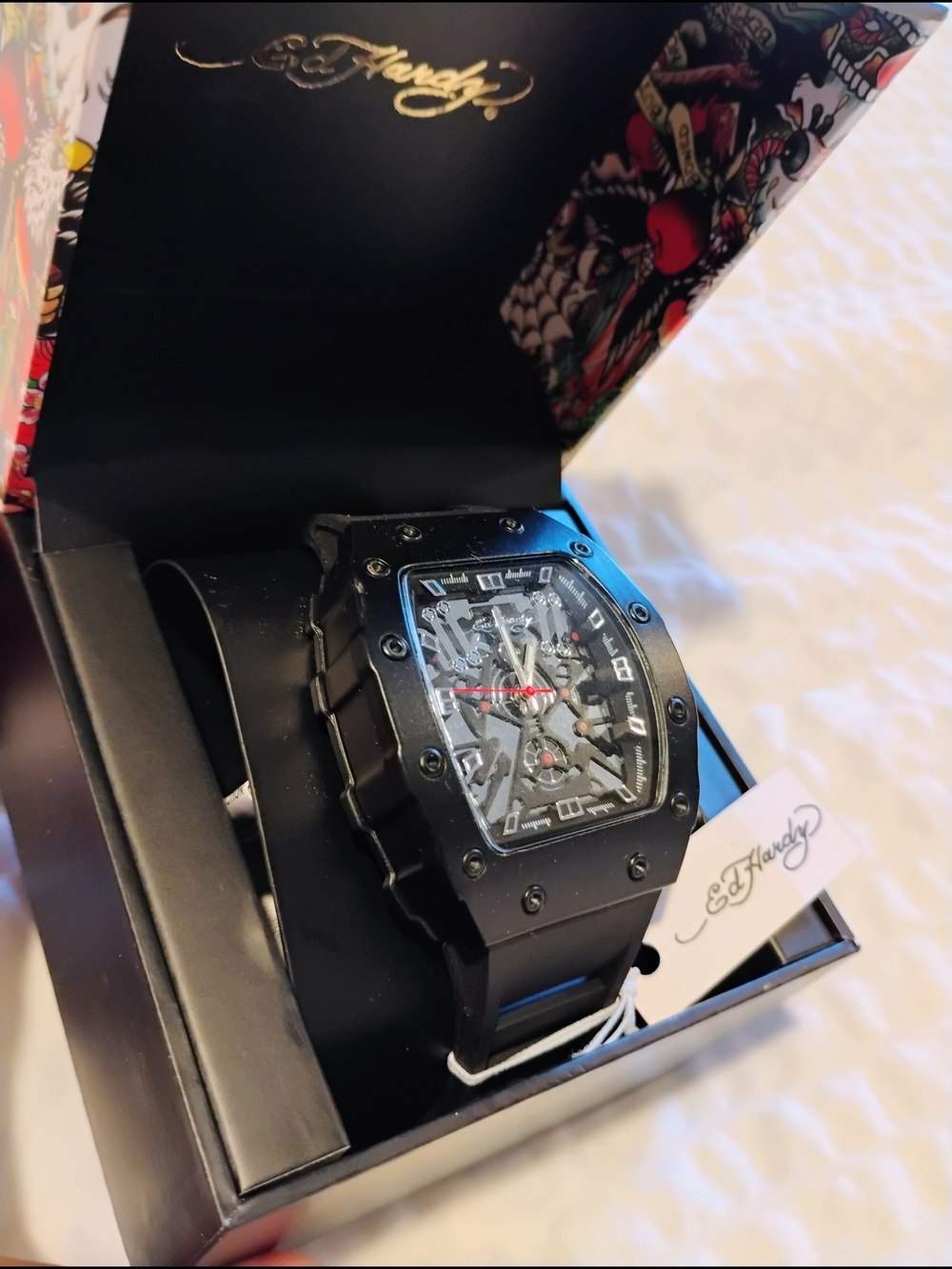 Ed Hardy Black Men's Sport Watch - Skeleton Dial